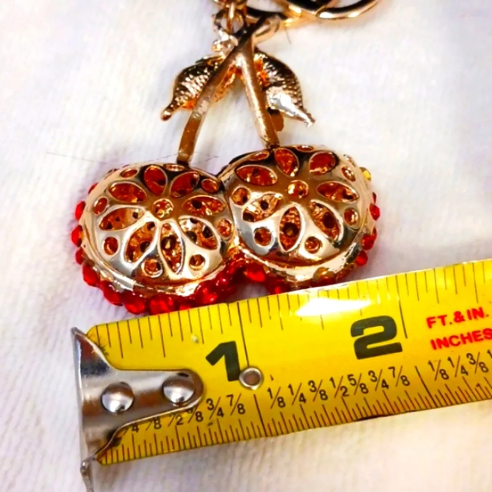 Crystal Cherries Bag Charm Key Chain Red w Black Faux Mink‎ Black Pom
